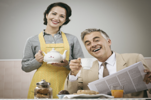 1950s style couple having breakfast